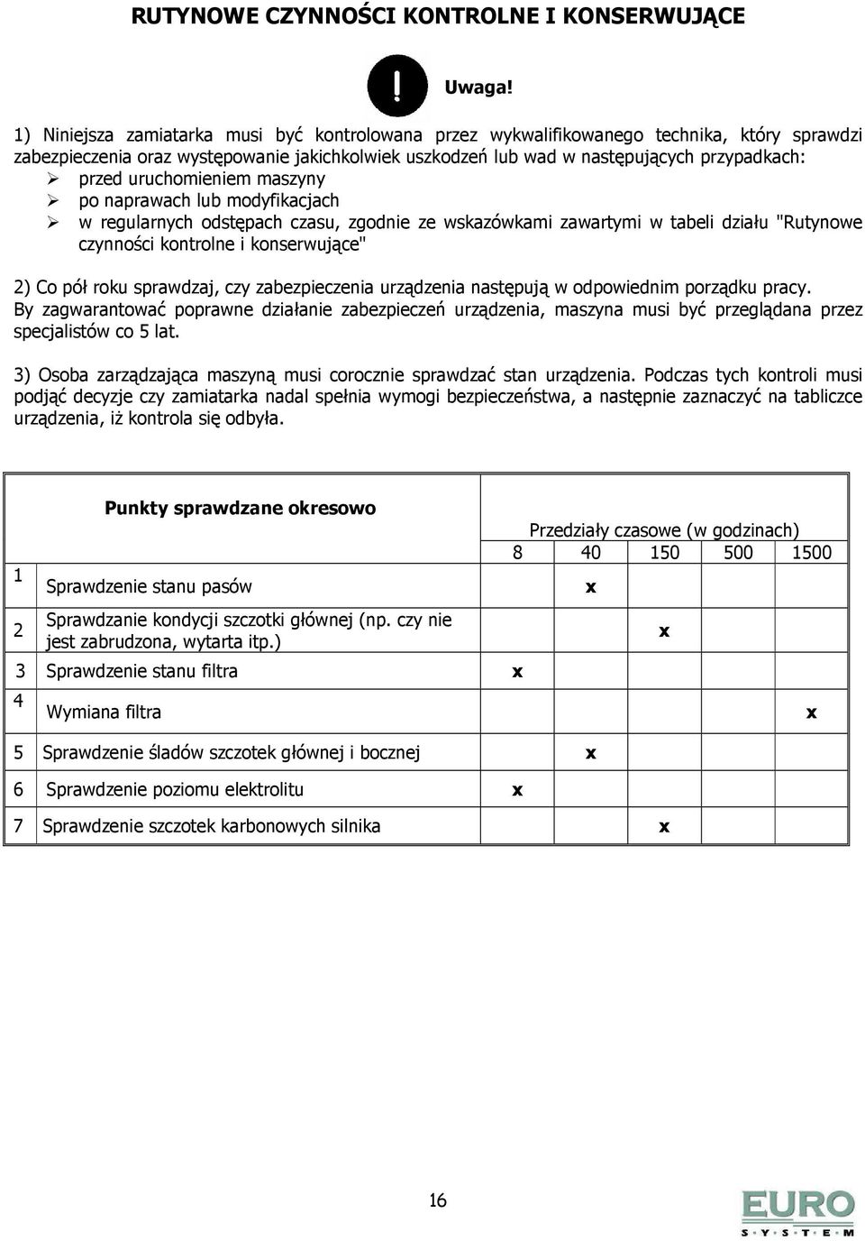 uruchomieniem maszyny po naprawach lub modyfikacjach w regularnych odstępach czasu, zgodnie ze wskazówkami zawartymi w tabeli działu "Rutynowe czynności kontrolne i konserwujące" 2) Co pół roku