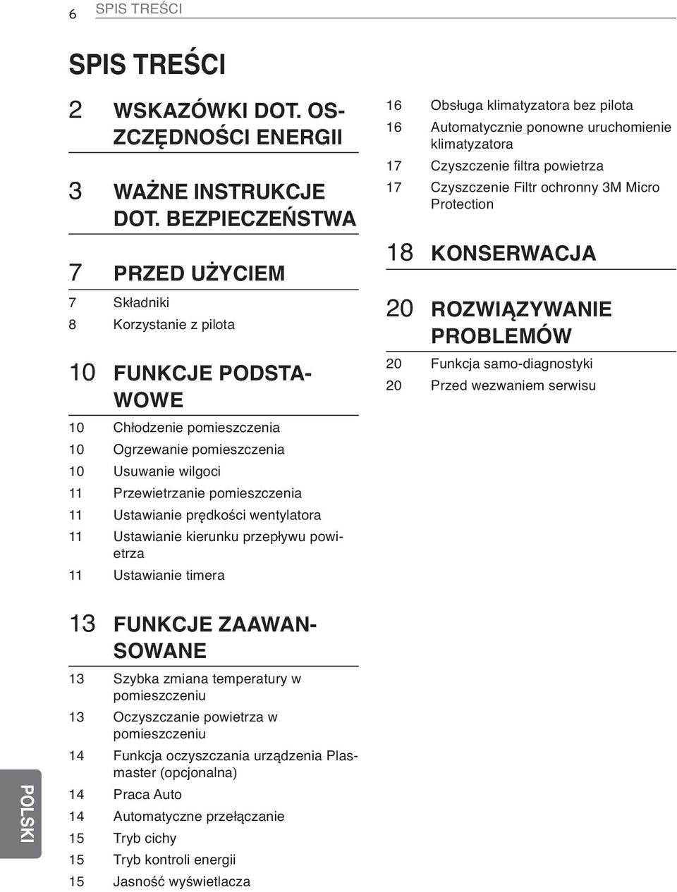 11 Ustawianie prędkości wentylatora 11 Ustawianie kierunku przepływu powietrza 11 Ustawianie timera 16 Obsługa klimatyzatora bez pilota 16 Automatycznie ponowne uruchomienie klimatyzatora 17