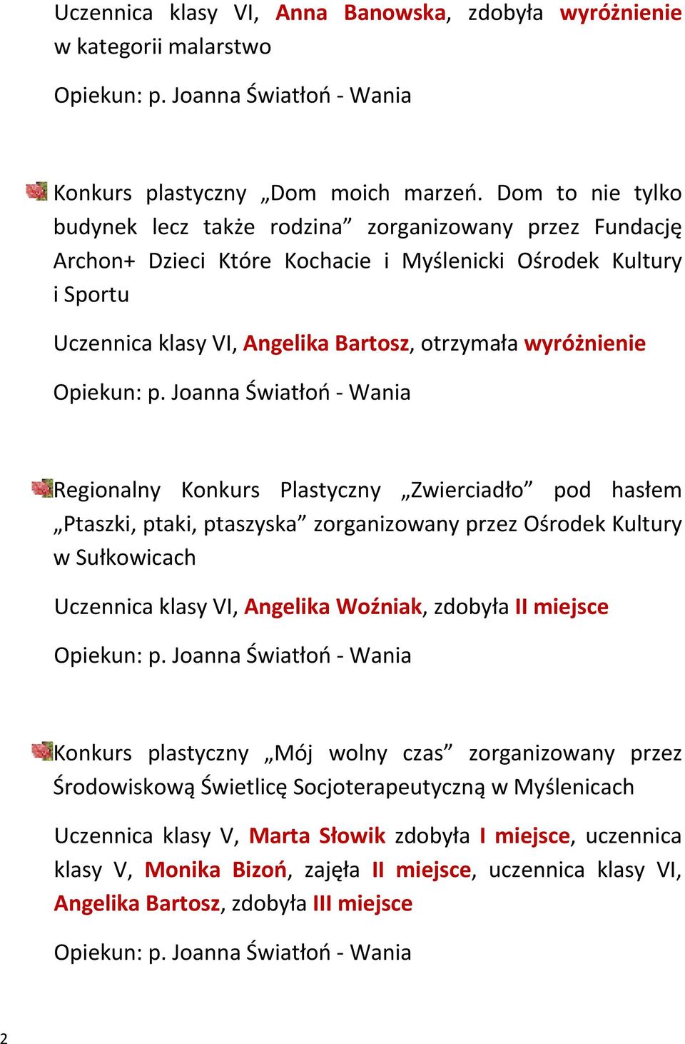 wyróżnienie Regionalny Konkurs Plastyczny Zwierciadło pod hasłem Ptaszki, ptaki, ptaszyska zorganizowany przez Ośrodek Kultury w Sułkowicach Uczennica klasy VI, Angelika Woźniak, zdobyła II