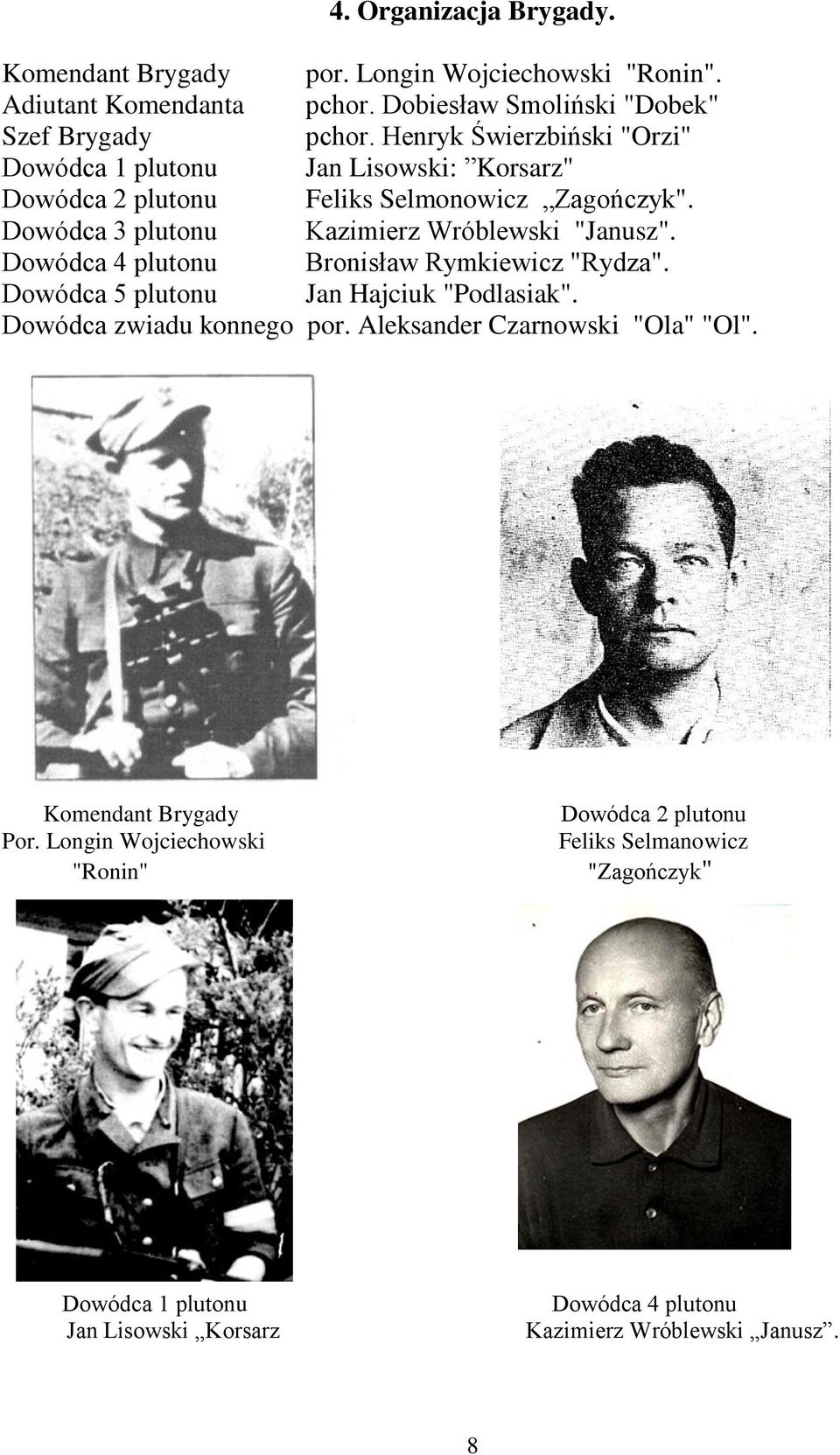 Dowódca 4 plutonu Bronisław Rymkiewicz "Rydza". Dowódca 5 plutonu Jan Hajciuk "Podlasiak". Dowódca zwiadu konnego por. Aleksander Czarnowski "Ola" "Ol".