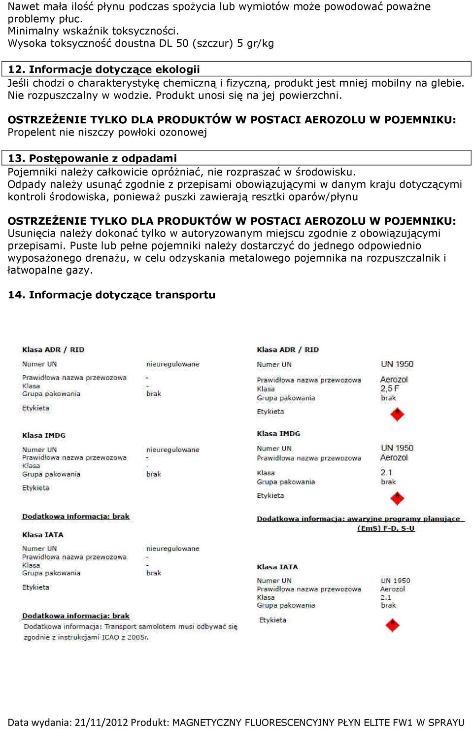 Propelent nie niszczy powłoki ozonowej 13. Postępowanie z odpadami Pojemniki należy całkowicie opróżniać, nie rozpraszać w środowisku.