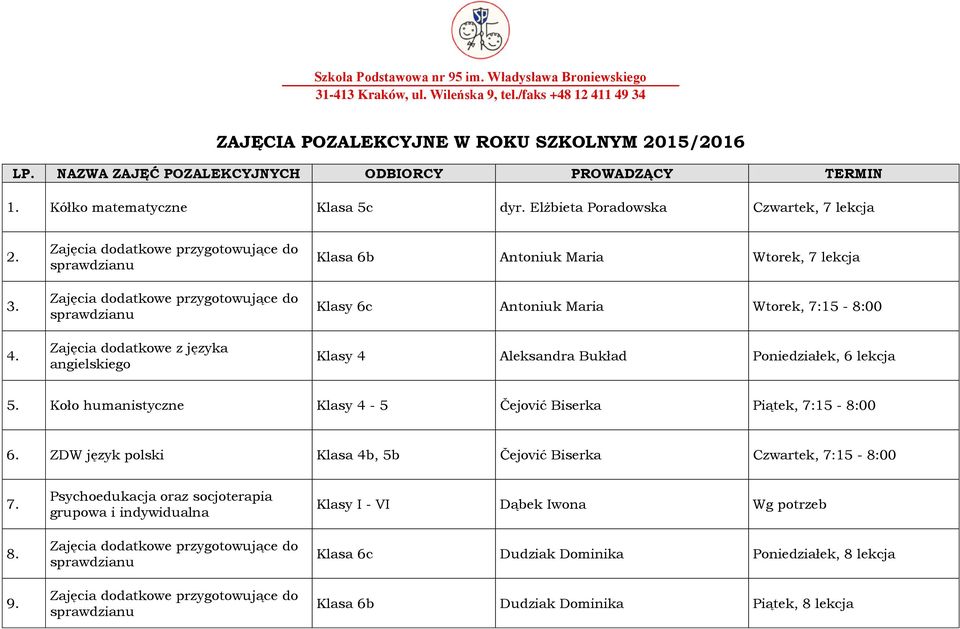 Zajęcia dodatkowe z języka Klasa 6b Antoniuk Maria Wtorek, 7 lekcja Klasy 6c Antoniuk Maria Wtorek, 7:15-8:00 Klasy 4 Aleksandra Bukład Poniedziałek, 6 lekcja 5.