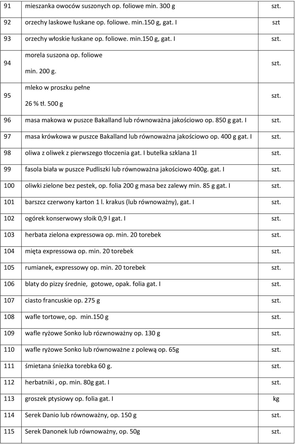 400 g gat. I 98 oliwa z oliwek z pierwszego tłoczenia gat. I butelka szklana 1l 99 fasola biała w puszce Pudliszki lub równoważna jakościowo 400g. gat. I 100 oliwki zielone bez pestek, op.