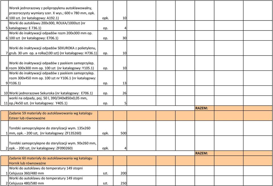 30 um op. a rolka(100 szt) (nr katalogowy: H736.1) op. 10 Worki do inaktywacji odpadów z paskiem samoprzylep. 8 rozm 300x300 mm op. 100 szt (nr katalogowy: Y105.1) op. 10 Worki do inaktywacji odpadów z paskiem samoprzylep. rozm 300x450 mm op.