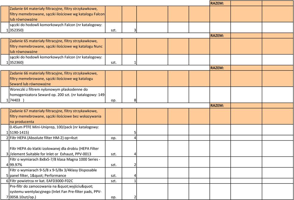 1 Zadanie 66 materiały filtracyjne, filtry strzykawkowe, filtry memebrowane, sączki ilościowe wg katalogu Seward Woreczki z filtrem nylonowym płaskodenne do homogenizatora Seward op. 200 szt.