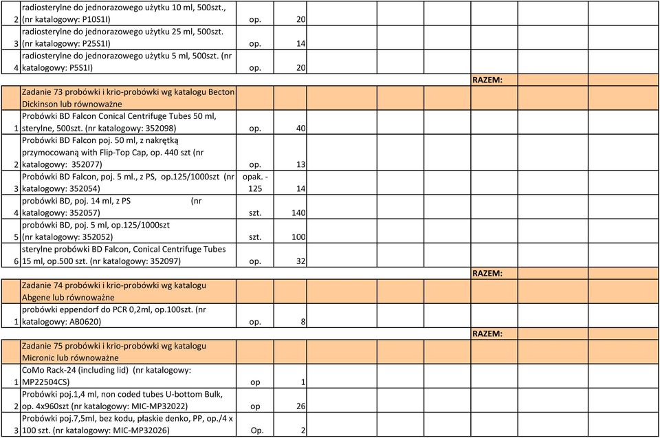 20 Zadanie 73 probówki i krio-probówki wg katalogu Becton Dickinson Probówki BD Falcon Conical Centrifuge Tubes 50 ml, 1 sterylne, 500szt. (nr katalogowy: 352098) op. 40 Probówki BD Falcon poj.