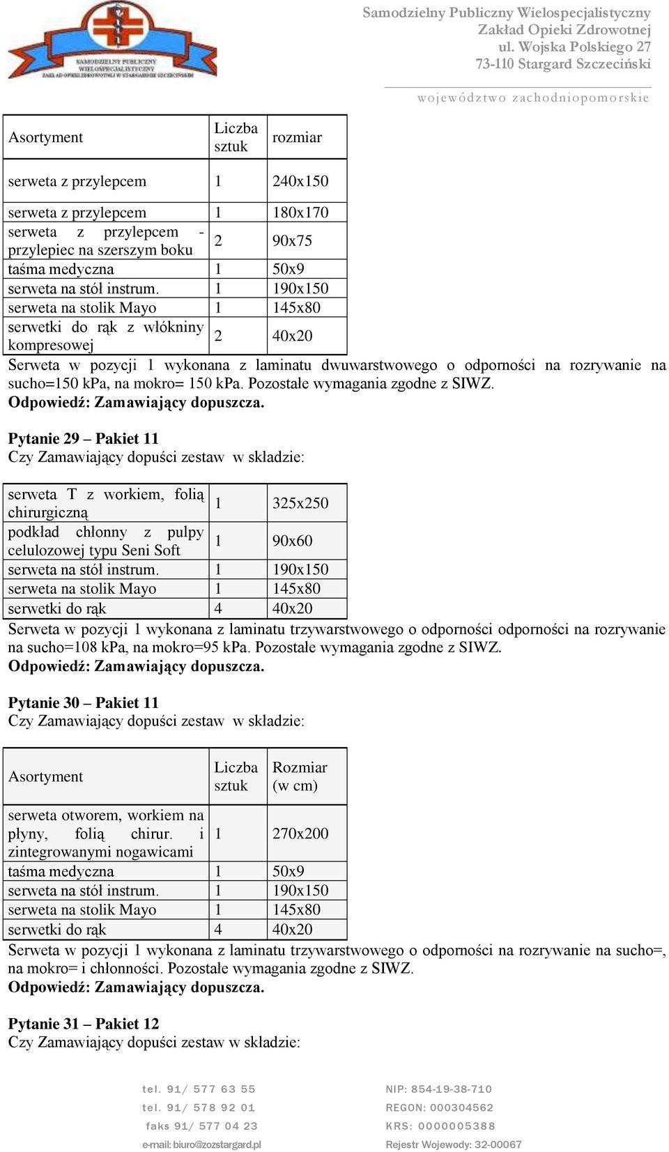 150 kpa. Pozostałe wymagania zgodne z SIWZ.