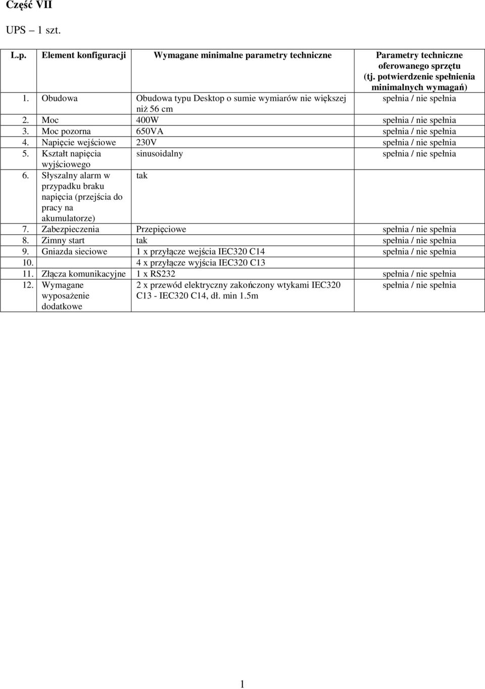 Słyszalny alarm w tak przypadku braku napięcia (przejścia do pracy na akumulatorze) 7. Zabezpieczenia Przepięciowe 8. Zimny start tak 9.