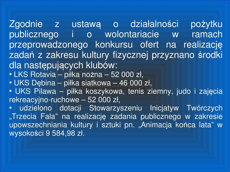 zł, UKS Pilawa piłka koszykowa, tenis ziemny, judo i zajęcia rekreacyjno-ruchowe 52 000 zł, udzielono dotacji Stowarzyszeniu Inicjatyw