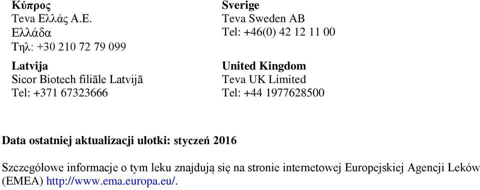 Ελλάδα Τηλ: +30 210 72 79 099 Latvija Sicor Biotech filiāle Latvijā Tel: +371 67323666 Sverige