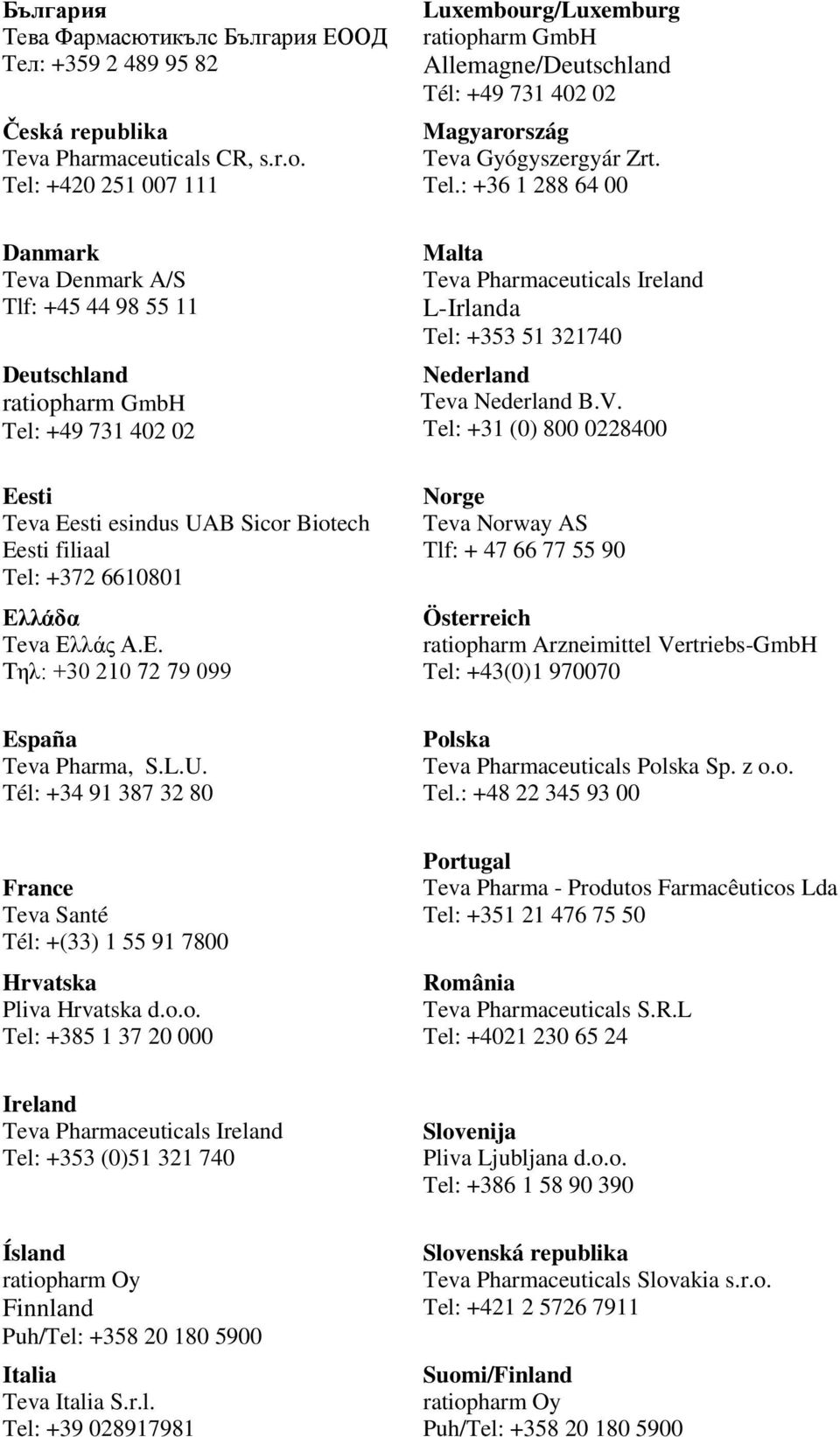 Teva Ελλάς Α.Ε. Τηλ: +30 210 72 79 099 España Teva Pharma, S.L.U. Tél: +34 91 387 32 80 France Teva Santé Tél: +(33) 1 55 91 7800 Hrvatska Pliva Hrvatska d.o.