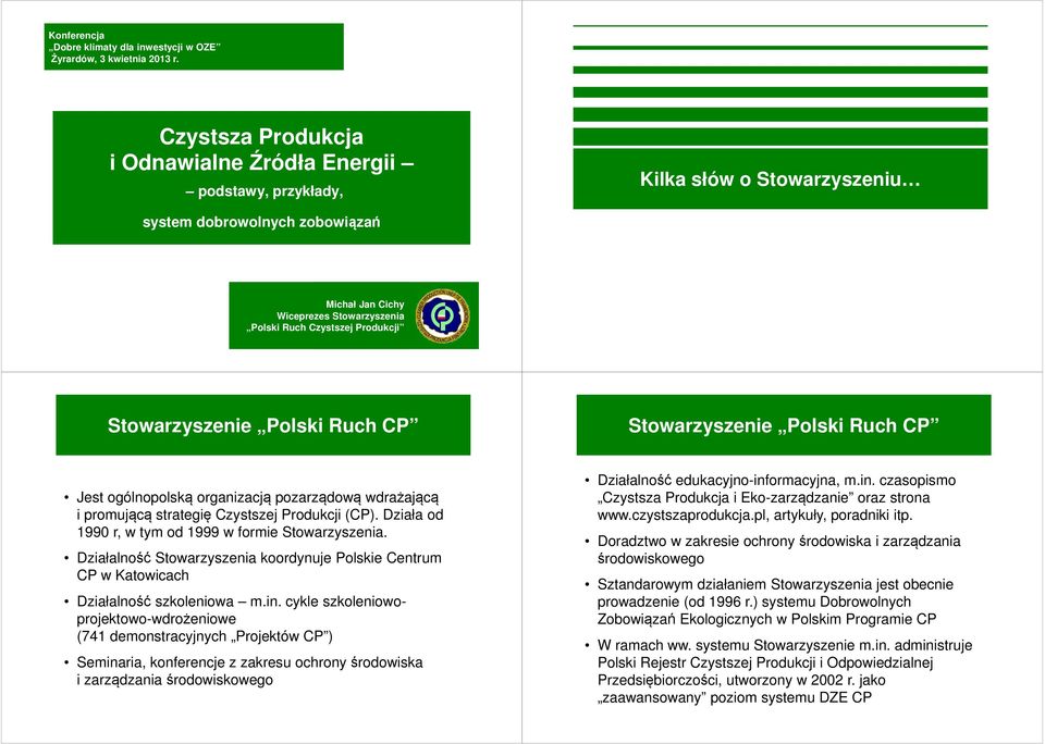 Produkcji Stowarzyszenie Polski Ruch CP Stowarzyszenie Polski Ruch CP Jest ogólnopolską organizacją pozarządową wdrażającą i promującą strategię Czystszej Produkcji (CP).