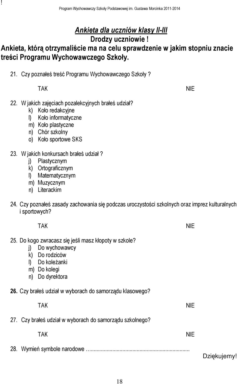 W jakich zajęciach pozalekcyjnych brałeś udział? k) Koło redakcyjne l) Koło informatyczne m) Koło plastyczne n) Chór szkolny o) Koło sportowe SKS 23. W jakich konkursach brałeś udział?