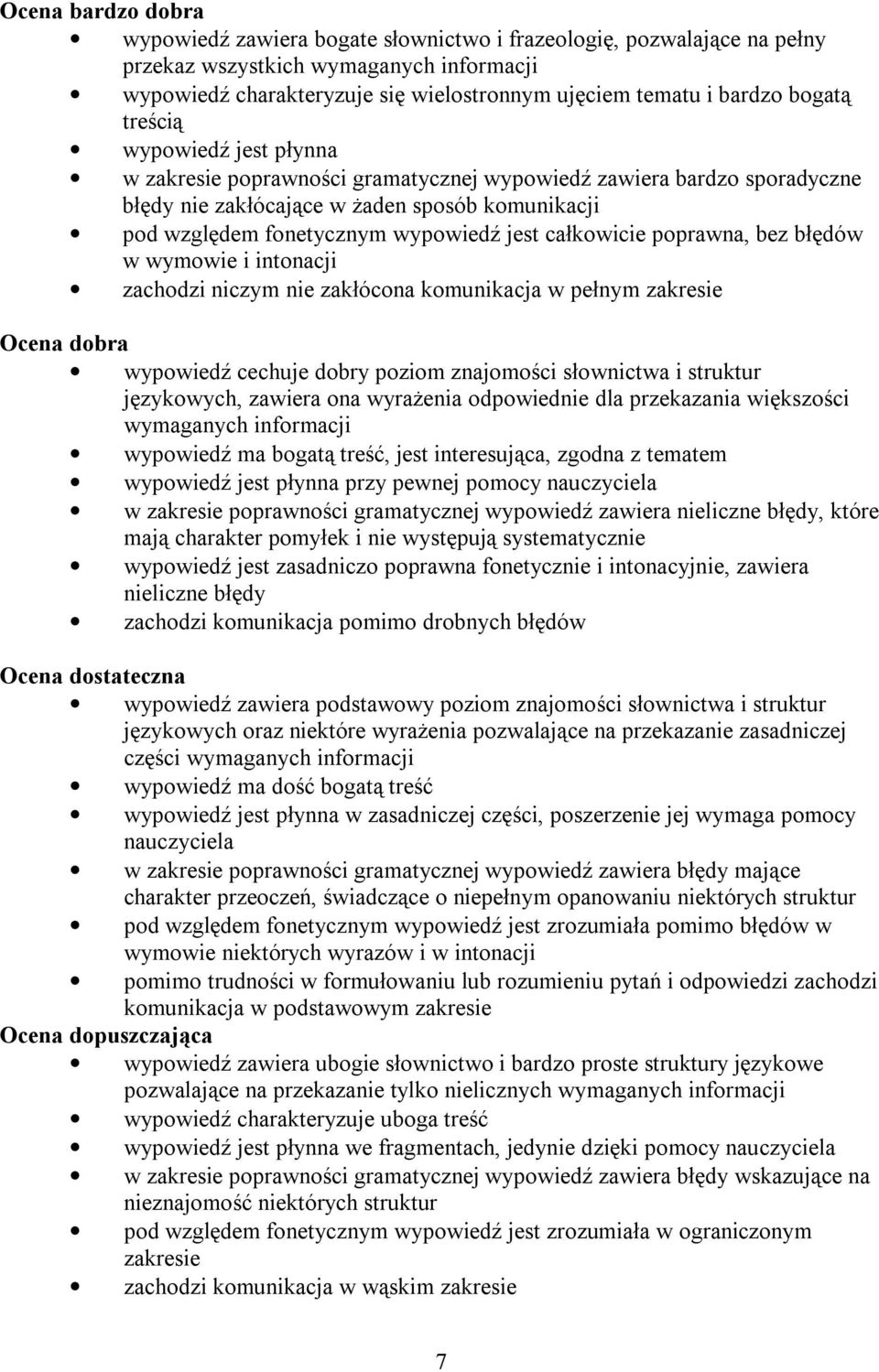 całkowicie poprawna, bez błędów w wymowie i intonacji zachodzi niczym nie zakłócona komunikacja w pełnym zakresie Ocena dobra wypowiedź cechuje dobry poziom znajomości słownictwa i struktur