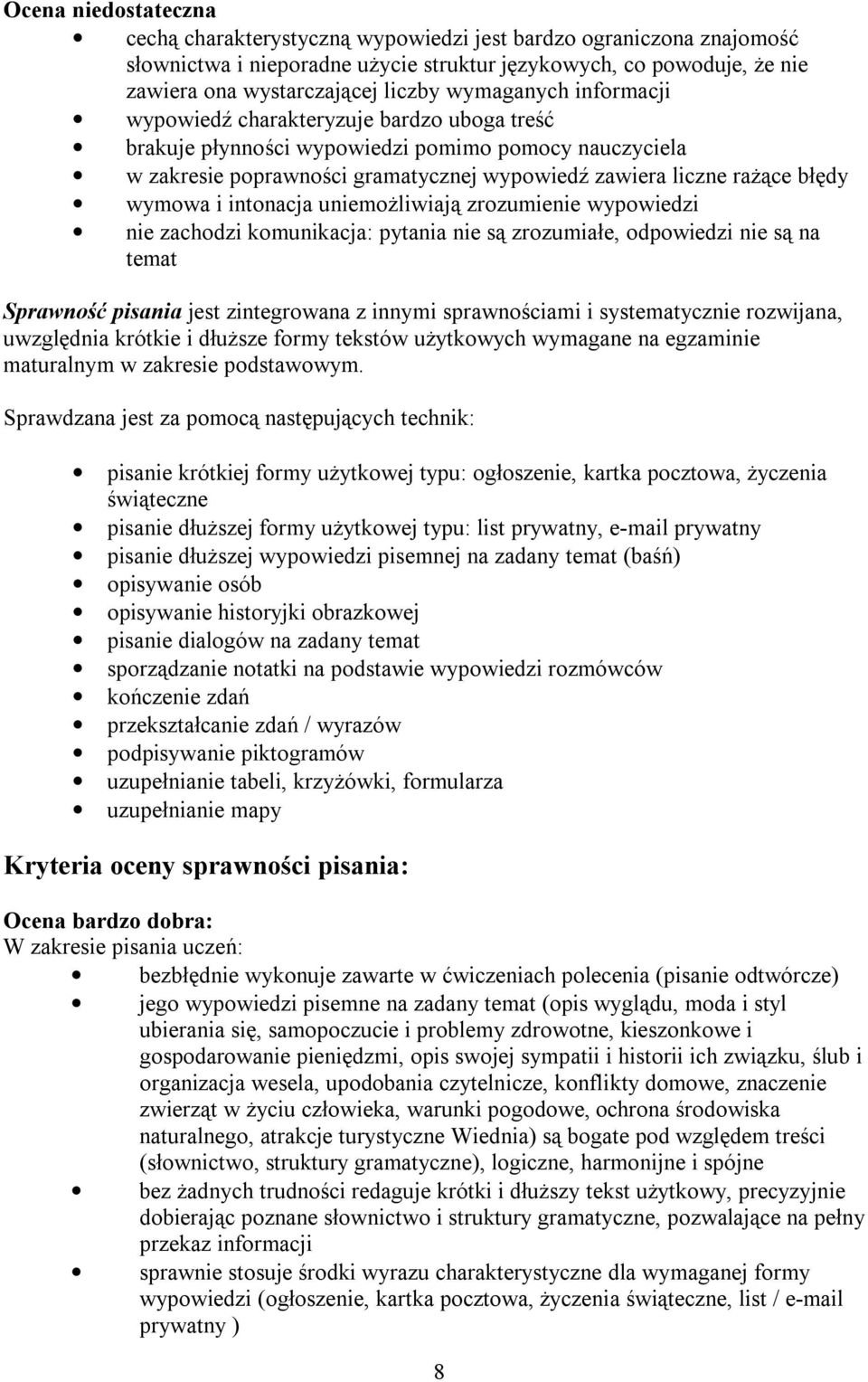 wymowa i intonacja uniemożliwiają zrozumienie wypowiedzi nie zachodzi komunikacja: pytania nie są zrozumiałe, odpowiedzi nie są na temat Sprawność pisania jest zintegrowana z innymi sprawnościami i