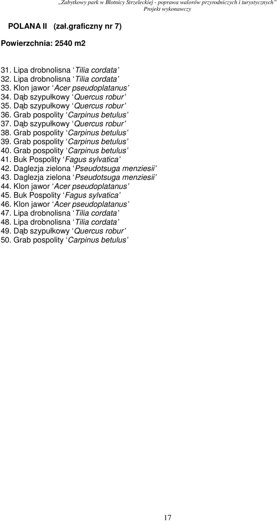 Grab pospolity Carpinus betulus 40. Grab pospolity Carpinus betulus 41. Buk Pospolity Fagus sylvatica 42. Daglezja zielona Pseudotsuga menziesii 43. Daglezja zielona Pseudotsuga menziesii 44.