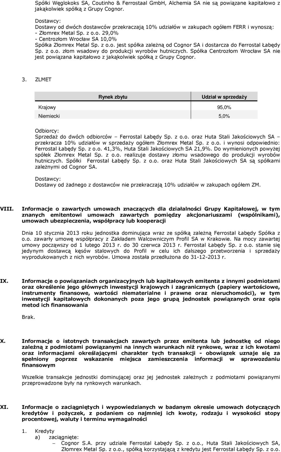 z o.o. złom wsadowy do produkcji wyrobów hutniczych. Spółka Centrozłom Wrocław SA nie jest powiązana kapitałowo z jakąkolwiek spółką z Grupy Cognor. 3.