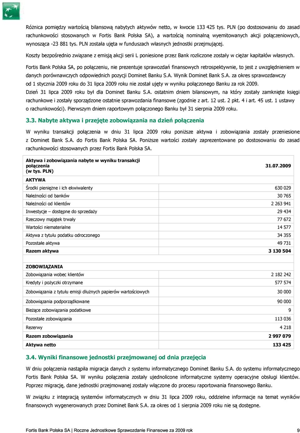 PLN została ujęta w funduszach własnych jednostki przejmującej. Koszty bezpośrednio związane z emisją akcji serii L poniesione przez Bank rozliczone zostały w ciężar kapitałów własnych.