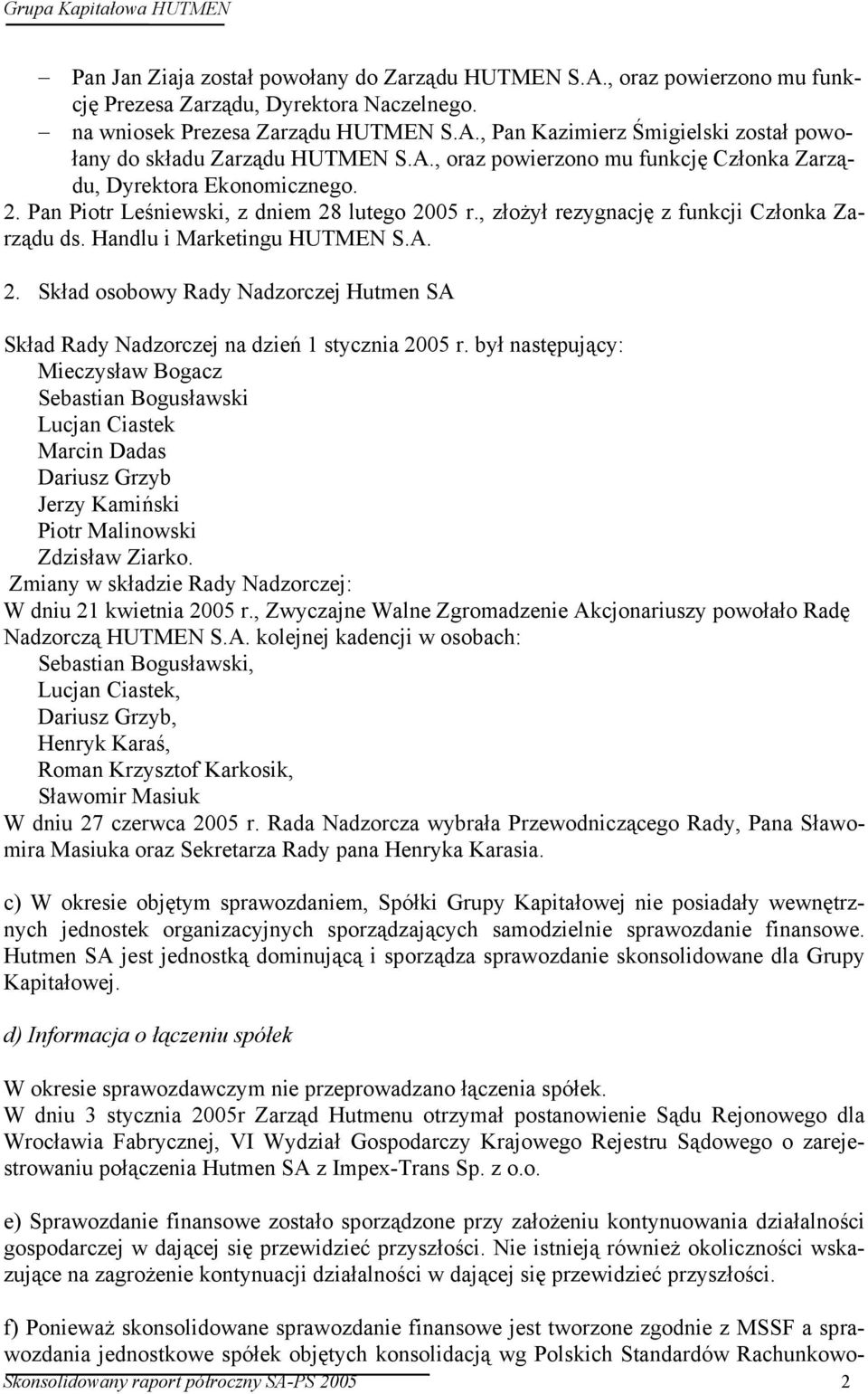 Handlu i Marketingu HUTMEN S.A. 2. Skład osobowy Rady Nadzorczej Hutmen SA Skład Rady Nadzorczej na dzień 1 stycznia 2005 r.