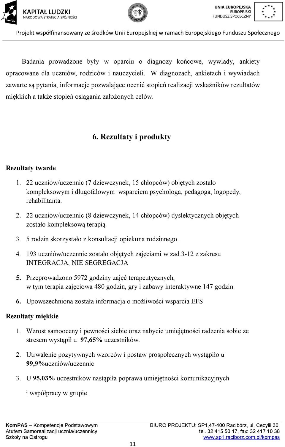 Rezultaty i produkty Rezultaty twarde 1. 22 uczniów/uczennic (7 dziewczynek, 15 chłopców) objętych zostało kompleksowym i długofalowym wsparciem psychologa, pedagoga, logopedy, rehabilitanta. 2. 22 uczniów/uczennic (8 dziewczynek, 14 chłopców) dyslektycznych objętych zostało kompleksową terapią.