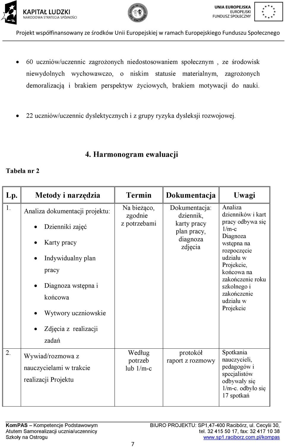 Analiza dokumentacji projektu: Dzienniki zajęć Karty pracy Indywidualny plan pracy Diagnoza wstępna i końcowa Wytwory uczniowskie Na bieżąco, zgodnie z potrzebami Dokumentacja: dziennik, karty pracy