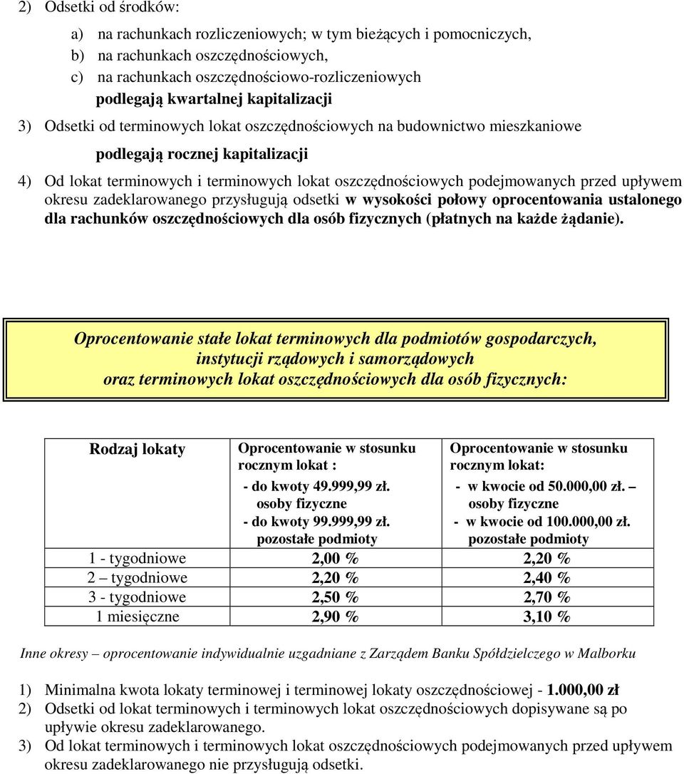 przed upływem okresu zadeklarowanego przysługują odsetki w wysokości połowy oprocentowania ustalonego dla rachunków oszczędnościowych dla osób fizycznych (płatnych na każde żądanie).