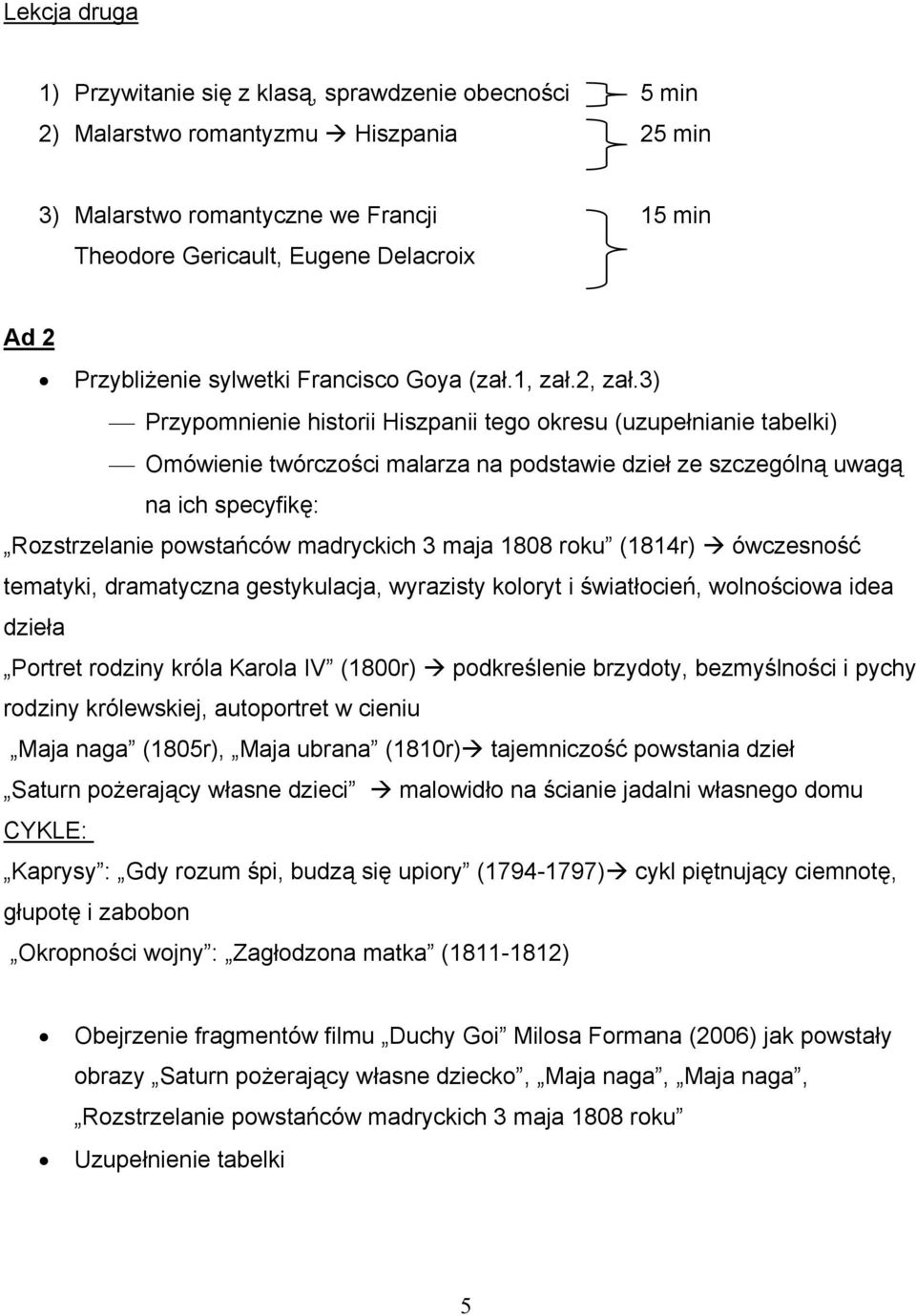 3) Przypomnienie historii Hiszpanii tego okresu (uzupełnianie tabelki) Omówienie twórczości malarza na podstawie dzieł ze szczególną uwagą na ich specyfikę: Rozstrzelanie powstańców madryckich 3 maja