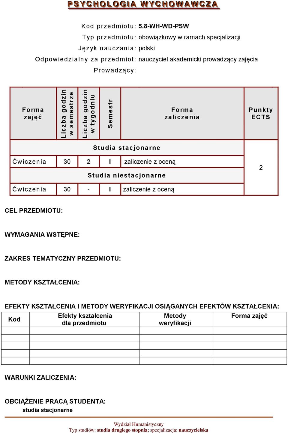 zajęć w semestrze w tygodniu Semestr zaliczenia Punkty ECTS Studia stacjonarne Ćwiczenia 30 2 II zaliczenie z oceną Studia niestacjonarne 2 Ćwiczenia 30 - II zaliczenie z