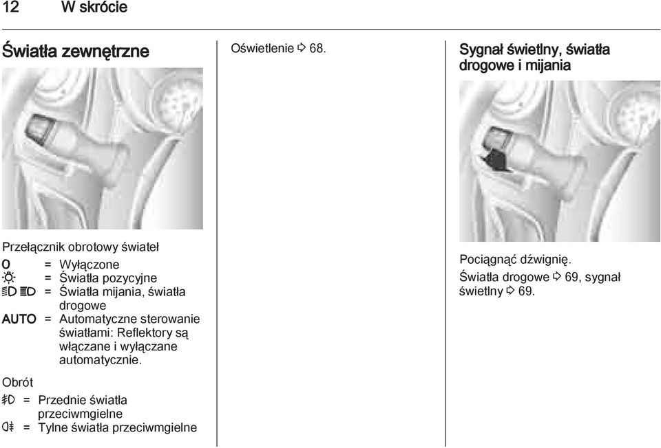 pozycyjne 9 P = Światła mijania, światła drogowe AUTO = Automatyczne sterowanie światłami: Reflektory są