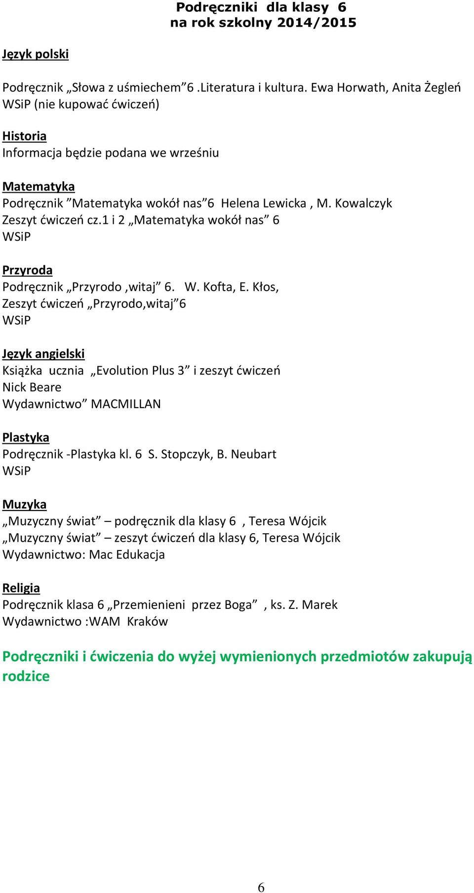 1 i 2 Matematyka wokół nas 6 Przyroda Podręcznik Przyrodo,witaj 6. W. Kofta, E.