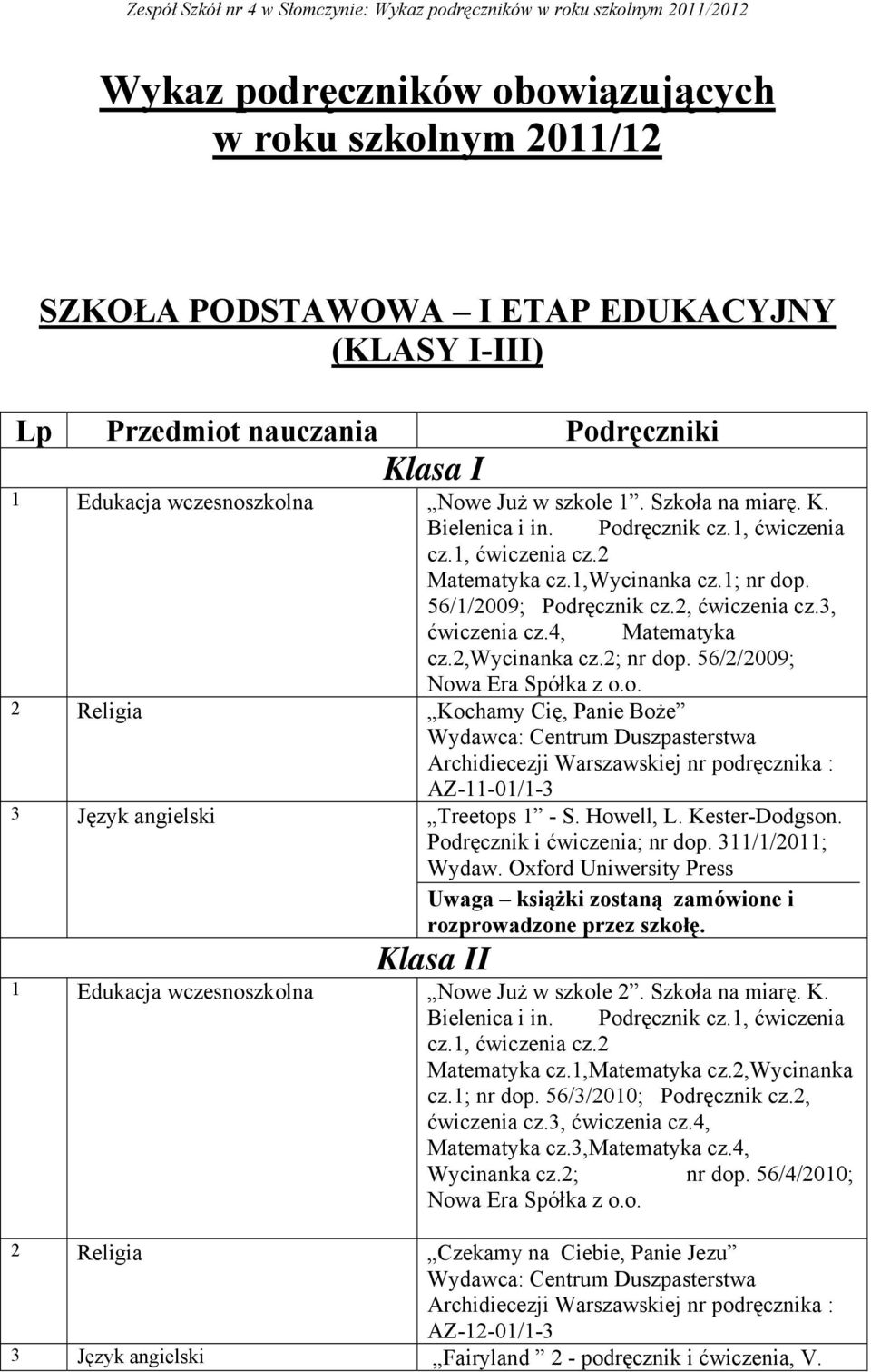 56/2/2009; 2 Religia Kochamy Cię, Panie Boże Wydawca: Centrum Duszpasterstwa Archidiecezji Warszawskiej nr podręcznika : AZ-11-01/1-3 3 Język angielski Treetops 1 - S. Howell, L. Kester-Dodgson.