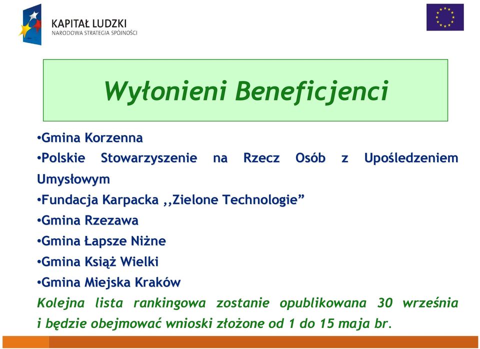 Łapsze NiŜne Gmina KsiąŜ Wielki Gmina Miejska Kraków Kolejna lista rankingowa