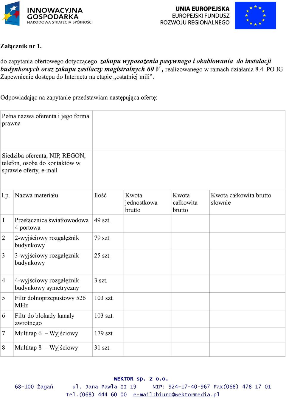 Odpowiadając na zapytanie przedstawiam następująca ofertę: Pełna nazwa oferenta i jego forma prawna Siedziba oferenta, NIP, REGON, telefon, osoba do kontaktów w sprawie oferty, e-mail l.p. Nazwa materiału Ilość Kwota jednostkowa brutto 1 Przełącznica światłowodowa 4 portowa 2 2-wyjściowy rozgałęźnik budynkowy 3 3-wyjściowy rozgałęźnik budynkowy 49 szt.