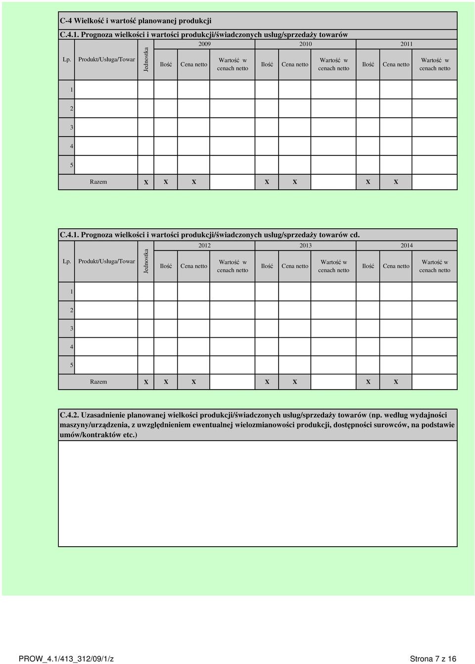 2 3 4 5 C.4.1. Prognoza wielkości i wartości produkcji/świadczonych usług/sprzedaży towarów cd. Lp.