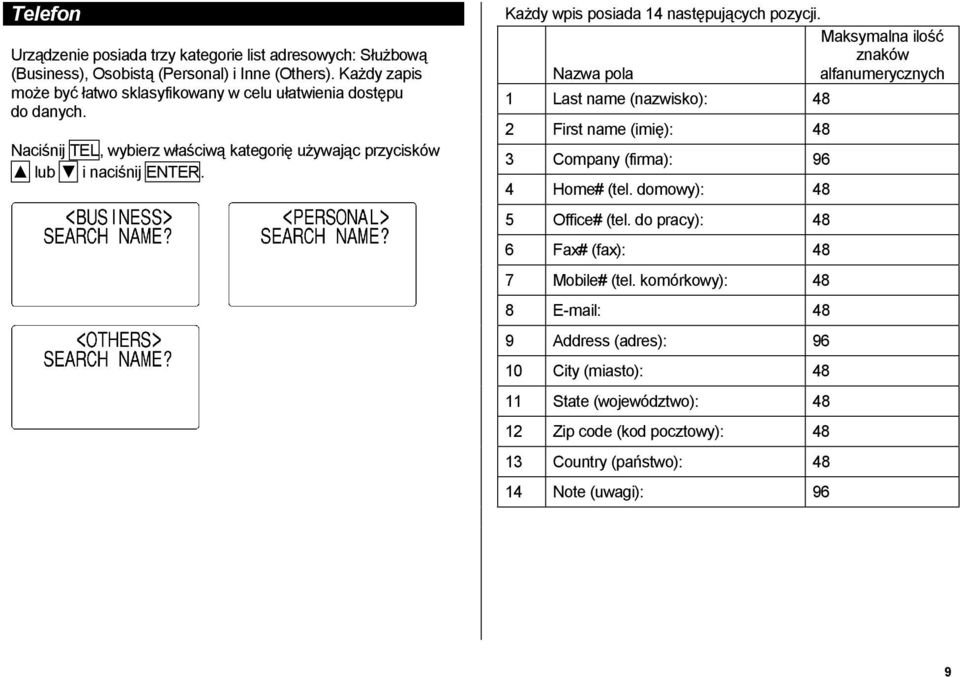1 Last name (nazwisko): 48 2 First name (imię): 48 Naciśnij TEL, wybierz właściwą kategorię używając przycisków lub i naciśnij ENTER. 3 Company (firma): 96 4 Home# (tel.