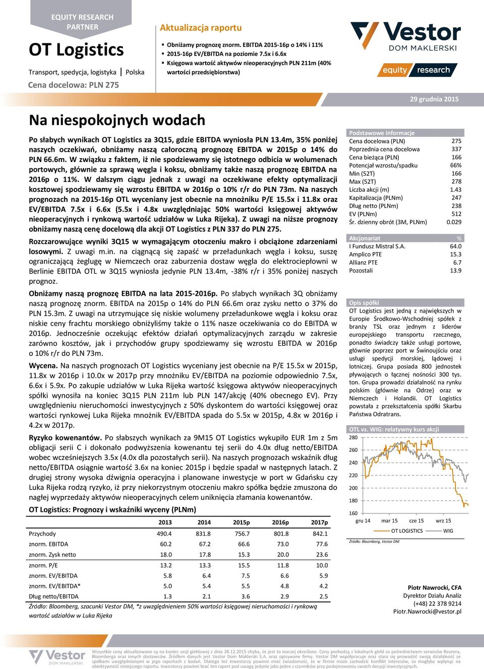 6x Księgowa wartość aktywów nieoperacyjnych PLN 211m (40% wartości przedsiębiorstwa) Po słabych wynikach OT Logistics za 3Q15, gdzie EBITDA wyniosła PLN 13.