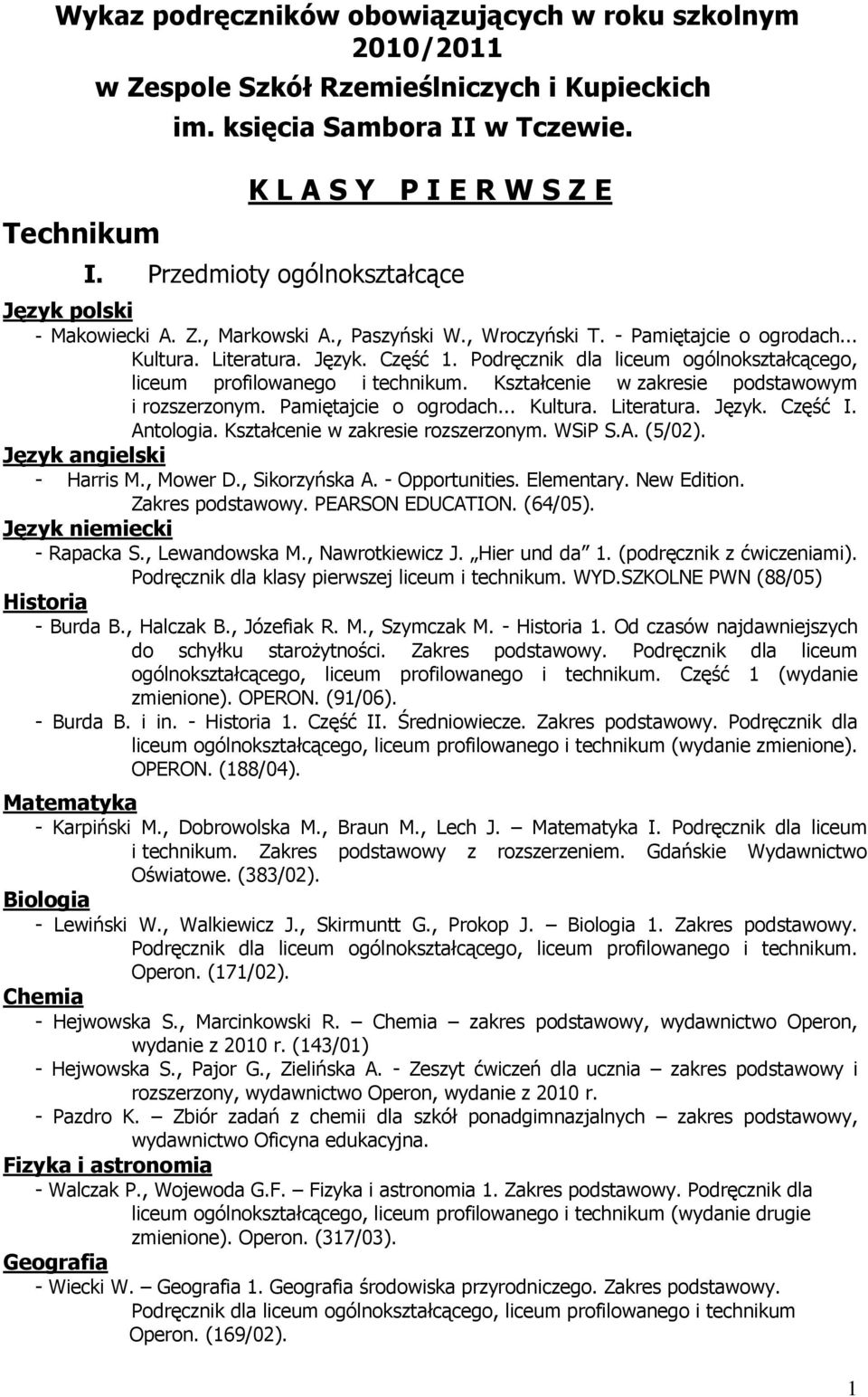 - Rapacka S., Lewandowska M., Nawrotkiewicz J. Hier und da 1. (podręcznik z ćwiczeniami). Podręcznik dla klasy pierwszej liceum i technikum. WYD.SZKOLNE PWN (88/05) - Burda B., Halczak B., Józefiak R.