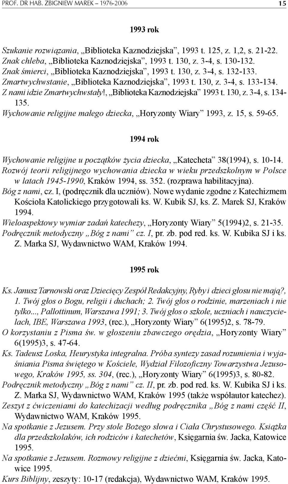 , Biblioteka Kaznodziejska 1993 t. 130, z. 3-4, s. 134-135. Wychowanie religijne małego dziecka, Horyzonty Wiary 1993, z. 15, s. 59-65.