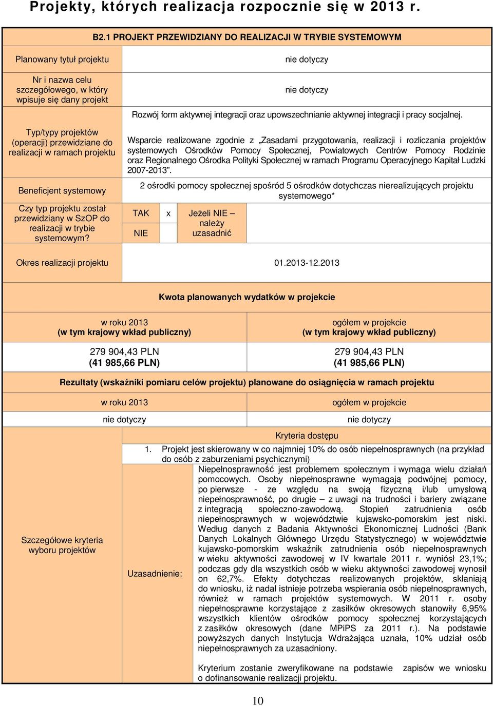 realizacji w ramach projektu Beneficjent systemowy Czy typ projektu został przewidziany w SzOP do realizacji w trybie systemowym?