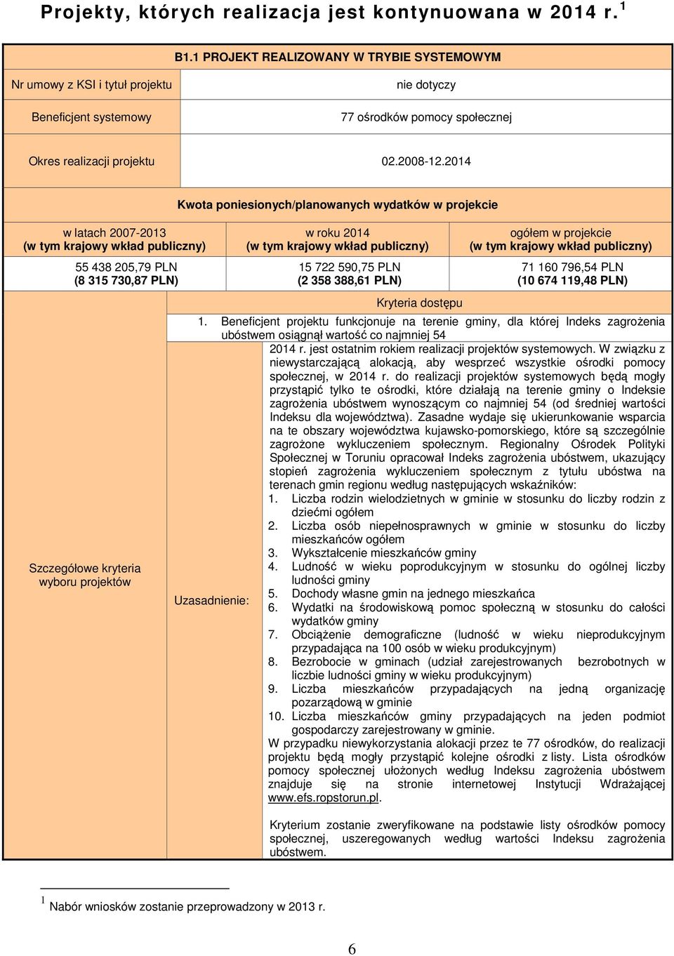 2014 w latach 2007-2013 (w tym krajowy wkład publiczny) 55 438 205,79 PLN (8 315 730,87 PLN) Szczegółowe kryteria wyboru projektów Kwota poniesionych/planowanych wydatków w projekcie w roku 2014 (w