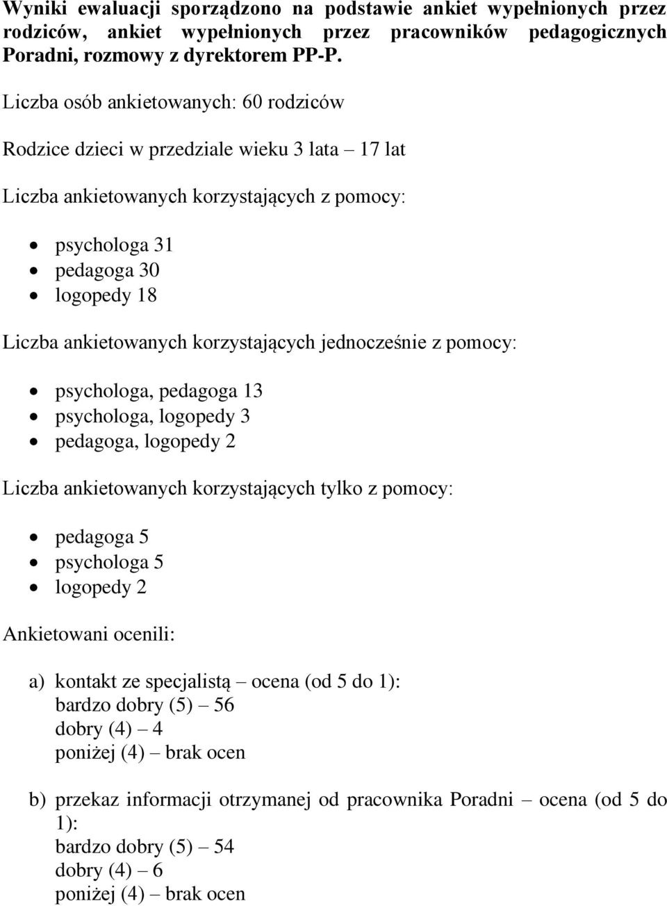 korzystających jednocześnie z pomocy: psychologa, pedagoga 13 psychologa, logopedy 3 pedagoga, logopedy 2 Liczba ankietowanych korzystających tylko z pomocy: pedagoga 5 psychologa 5 logopedy 2