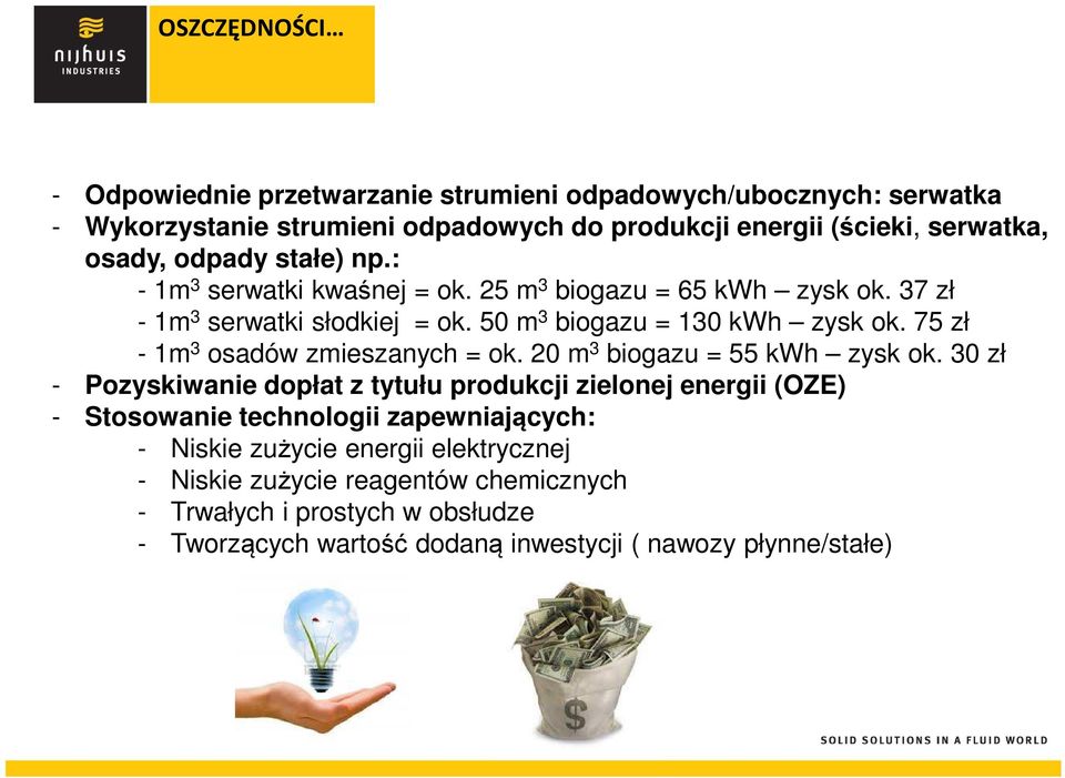 75 zł - 1m 3 osadów zmieszanych = ok. 20 m 3 biogazu = 55 kwh zysk ok.