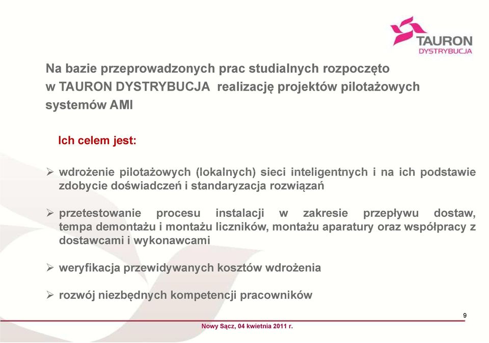 rozwiązań przetestowanie procesu instalacji w zakresie przepływu dostaw, tempa demontażu i montażu liczników, montażu aparatury