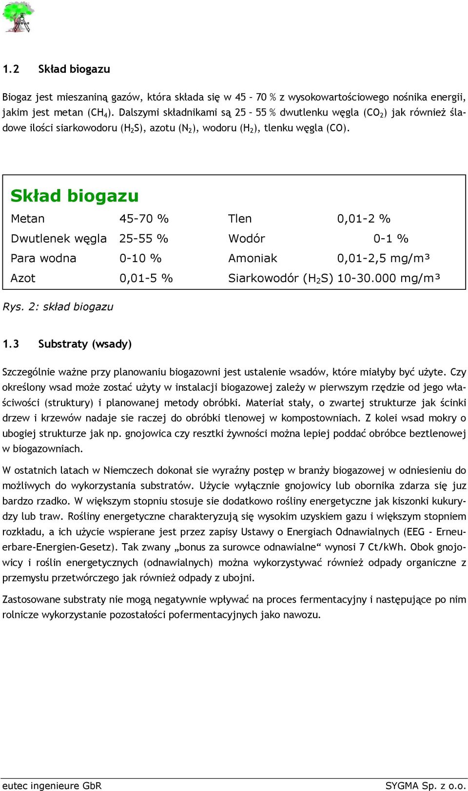 Skład biogazu Metan 45-70 % Tlen 0,01-2 % Dwutlenek węgla 25-55 % Wodór 0-1 % Para wodna 0-10 % Amoniak 0,01-2,5 mg/m³ Azot 0,01-5 % Siarkowodór (H 2 S) 10-30.000 mg/m³ Rys. 2: skład biogazu 1.