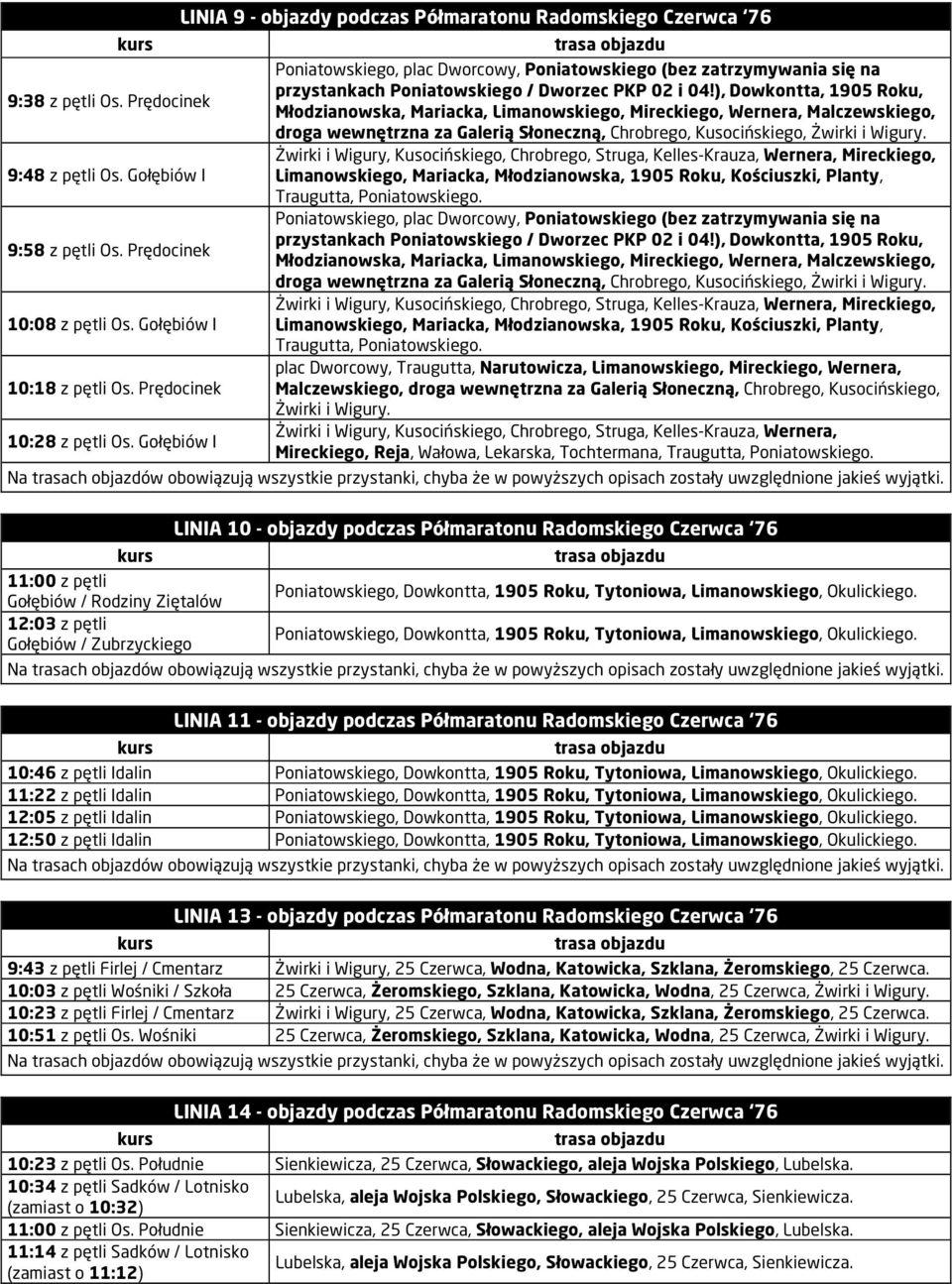 ), Dowkontta, 1905 Roku, Młodzianowska, Mariacka, Limanowskiego, Mireckiego, Wernera, Malczewskiego, droga wewnętrzna za Galerią Słoneczną, Chrobrego, Kusocińskiego, Żwirki i Wigury.