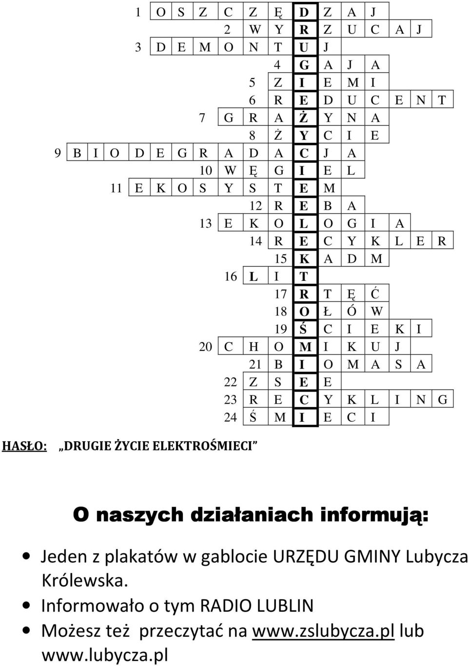 C H O M I K U J 21 B I O M A S A 22 Z S E E 23 R E C Y K L I N G 24 Ś M I E C I HASŁO: DRUGIE ŻYCIE ELEKTROŚMIECI O naszych działaniach informują: