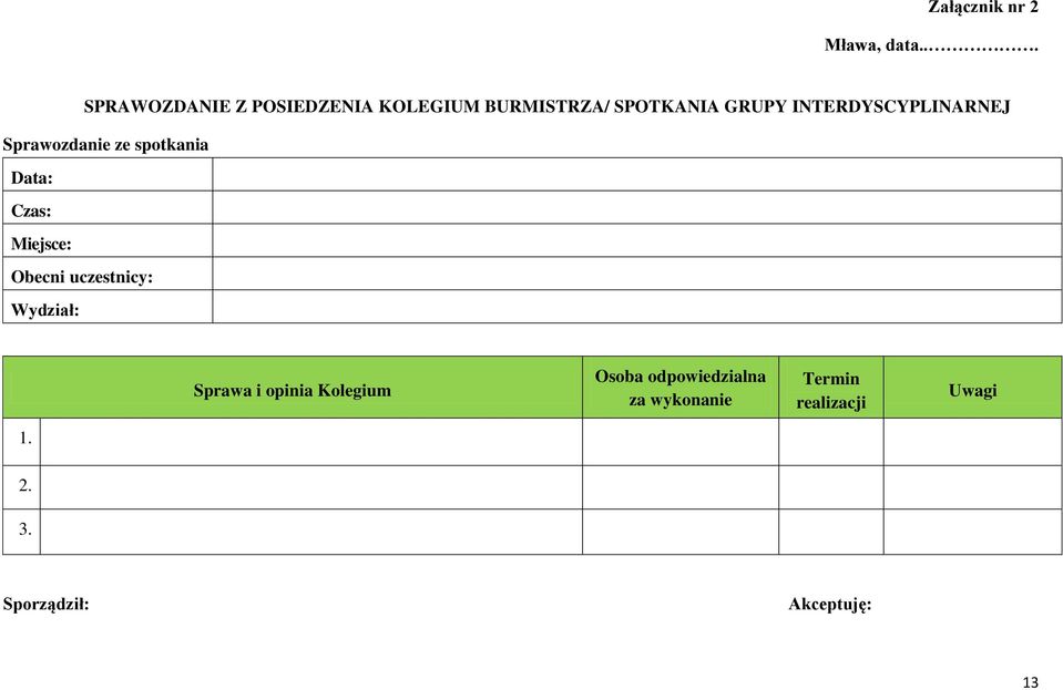 INTERDYSCYPLINARNEJ Sprawozdanie ze spotkania Data: Czas: Miejsce: Obecni