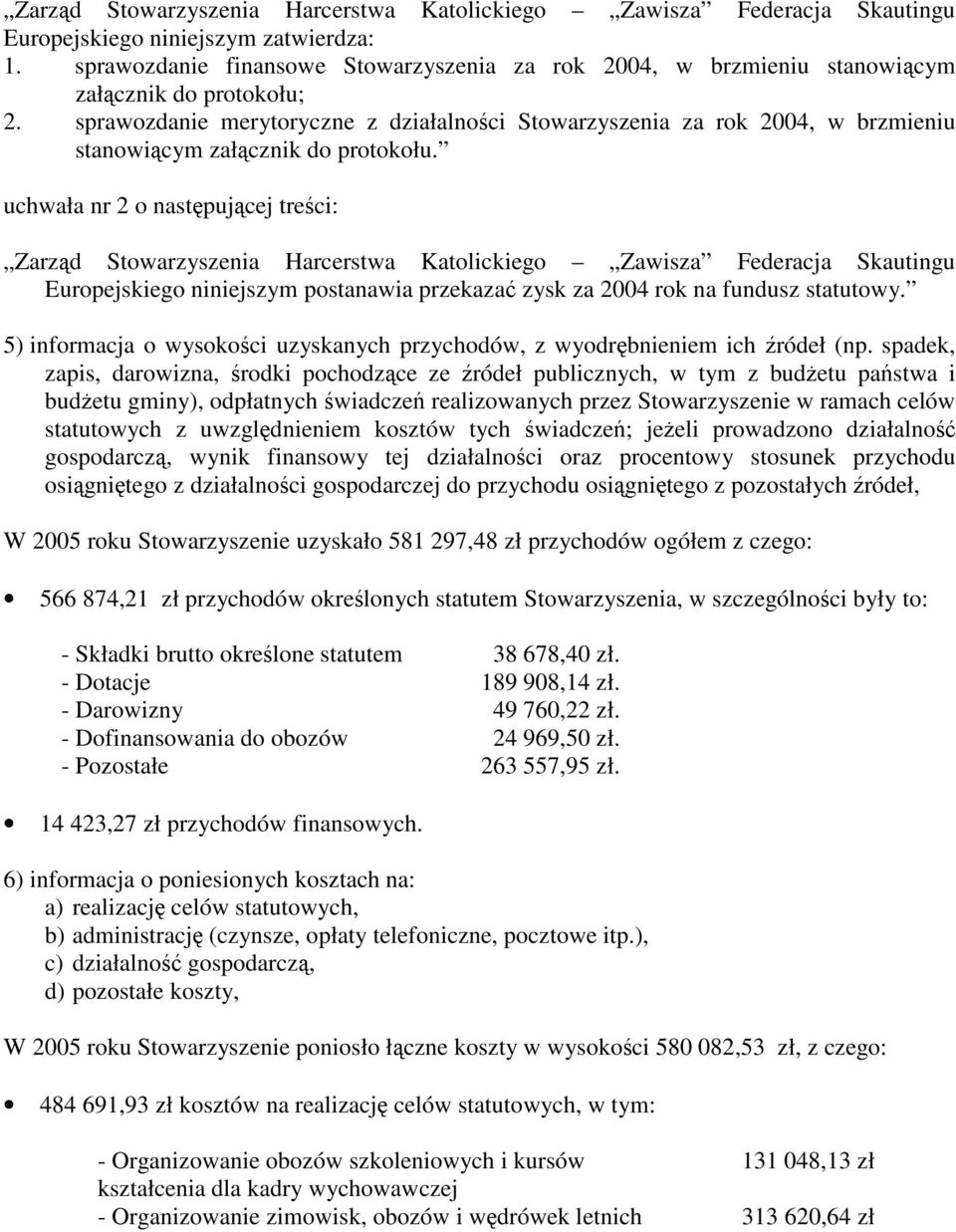 sprawozdanie merytoryczne z działalnoci Stowarzyszenia za rok 2004, w brzmieniu stanowicym załcznik do protokołu.