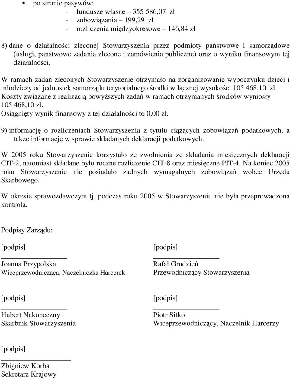 jednostek samorzdu terytorialnego rodki w łcznej wysokoci 105 468,10 zł. Koszty zwizane z realizacj powyszych zada w ramach otrzymanych rodków wyniosły 105 468,10 zł.