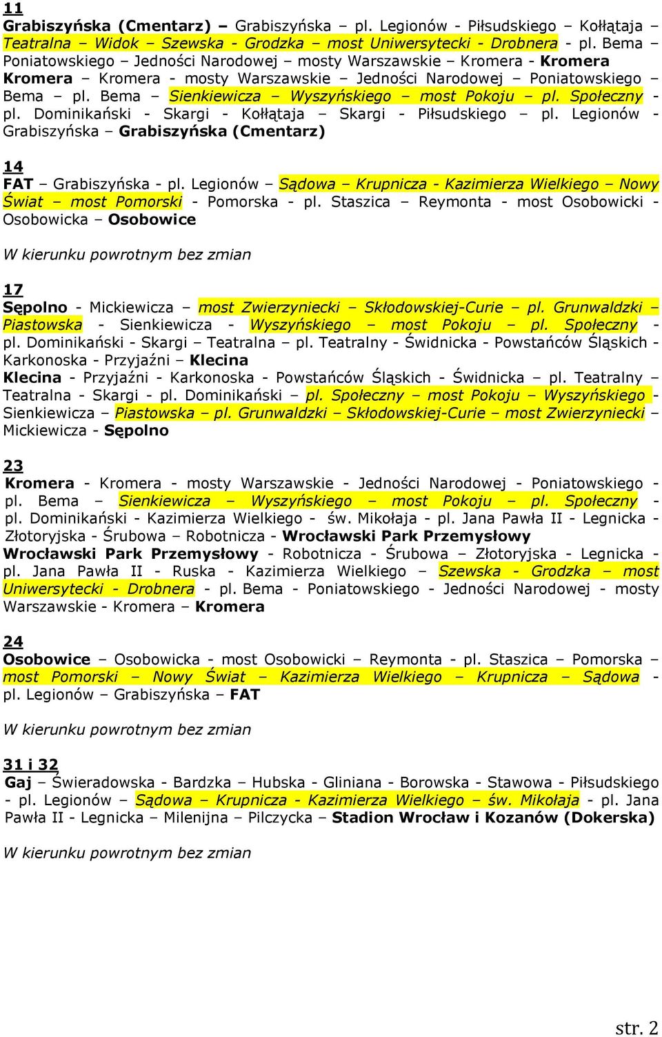 Społeczny - pl. Dominikański - Skargi - Kołłątaja Skargi - Piłsudskiego pl. Legionów - Grabiszyńska Grabiszyńska (Cmentarz) 14 FAT Grabiszyńska - pl.